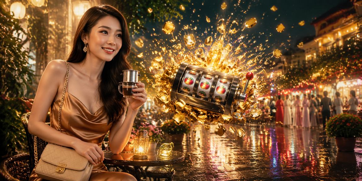 Khung cảnh Đà Lạt với trò slot trên thiết bị di động trong quán cà phê